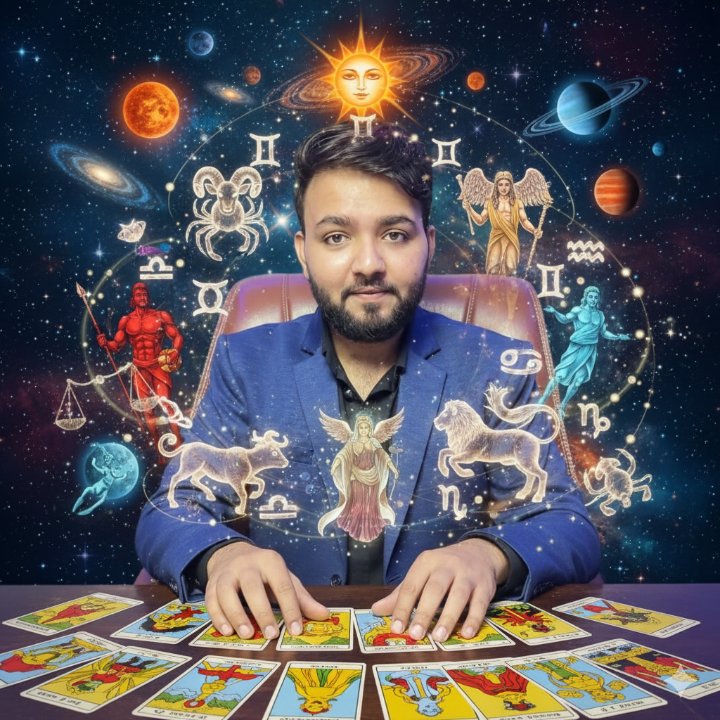 Astro-Tarot reading collage combining tarot cards and astrology zodiac symbols
